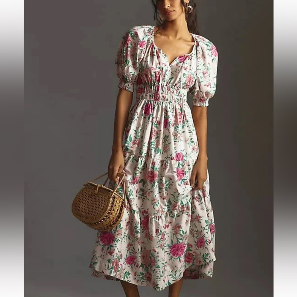 Anthropologie White Floral Maxi Dress with Pink & Green Print